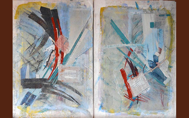 two boys-diptych, collage, acryl, ink, gouache, graphite stick, 54 x 38 cm