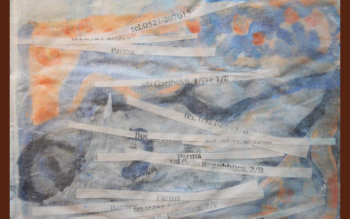 thoughtbook III het veren bed – sugar blues (detail), gouache, egg tempera, acryl, transfer text, ink, typewriter, plastic, 22.2 x 27.6 cm