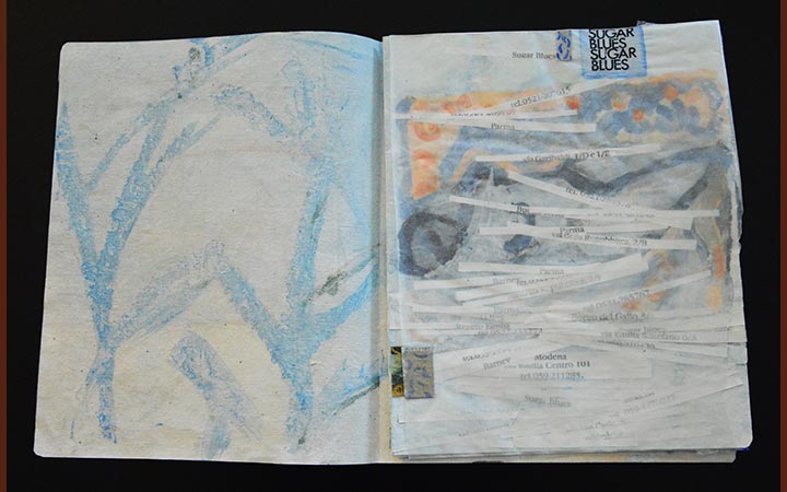 thoughtbook III het veren bed – sugar blues, gouache, egg tempera, acryl, transfer text, ink, typewriter, plastic, 22.2 x 27.6 cm