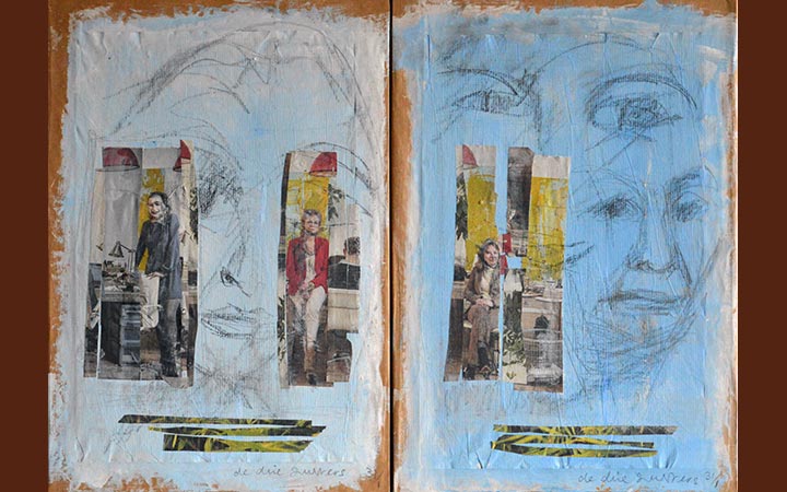 three sisters-diptych, collage, acryl, ink, graphite stick, 52 x 40 cm