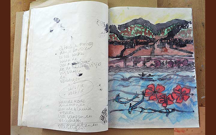  Red anemones and blue fish I. Porta rosa sketches, various materials, portfolio: 21 x 27,5cm