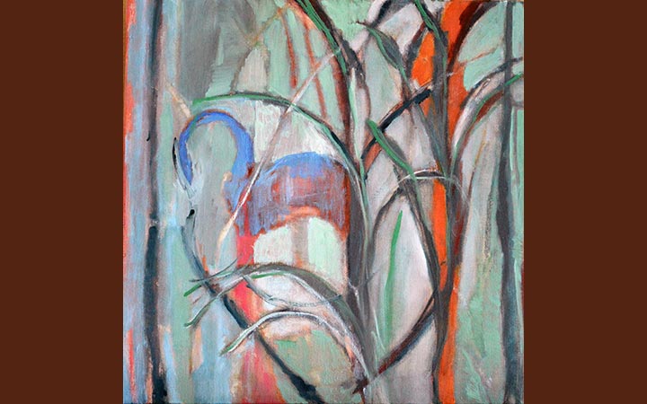 blue swans of Porlezza I, oil paint,<br> pigments, graphite, oil pastel on linen, 50 x 50 cm
