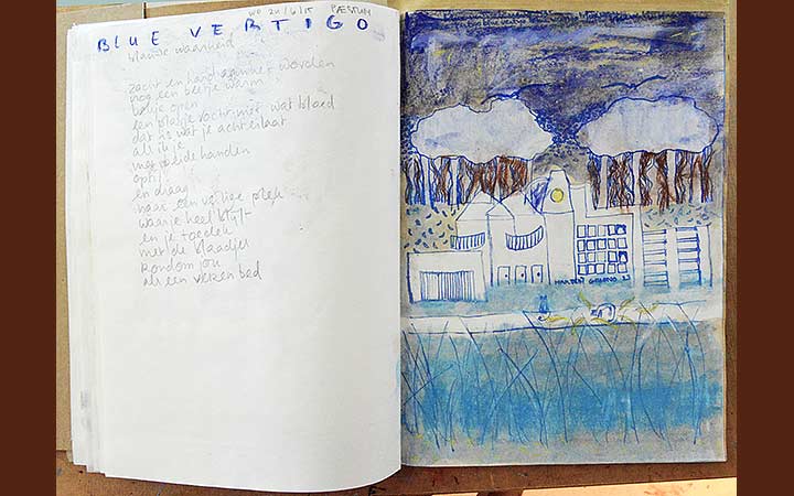 Blue vertigo. Porta rosa sketches, various materials, portfolio: 21 x 27,5cm